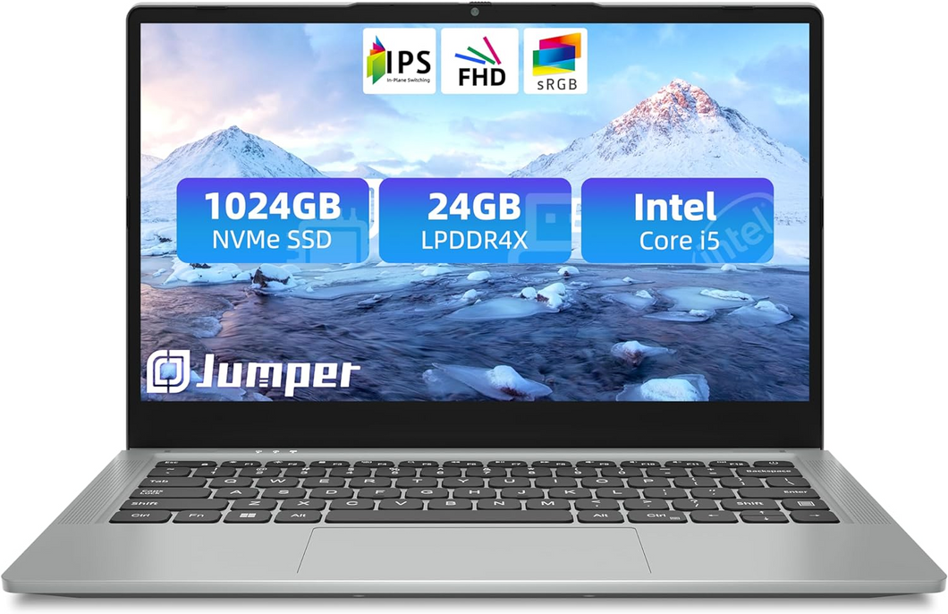 jumper Laptop, 24GB LPDDR4X RAM, 1024GB NVMe SSD, Intel Core i5 CPU(up to 3.6GHz), 14 Inch FHD IPS Display, Laptops Computer with 4 Stereo Speakers, 51300mWH, USB3.0 * 3, Metal.